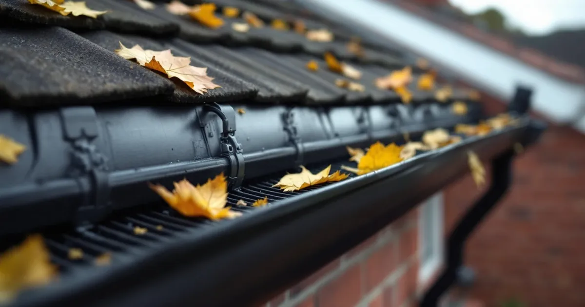 A black gutter with a slatted guard along its top and a few fallen leaves resting on the guard, beside a brick wall