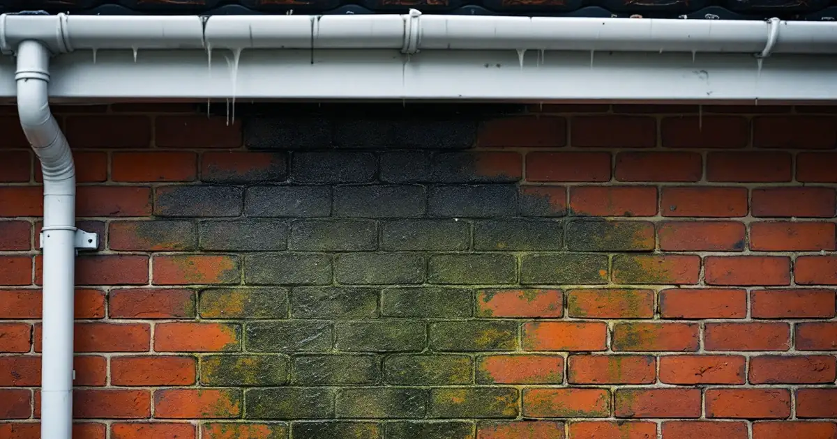 Dark damp patches and green algae staining the red brickwork directly beneath a leaking white gutter