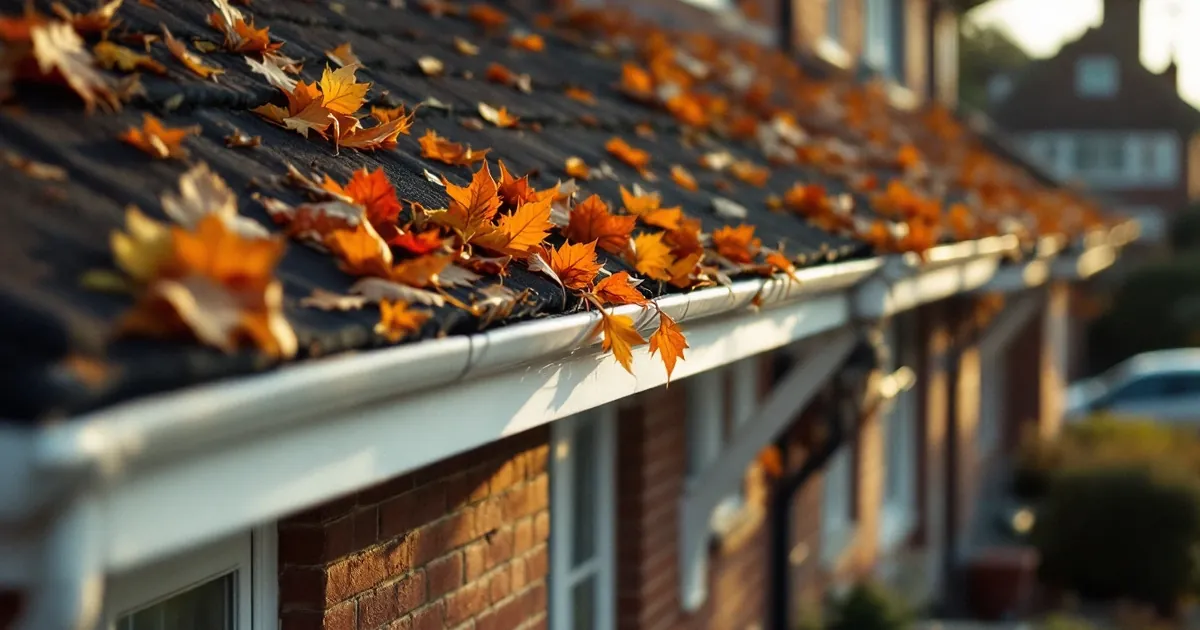Orange autumn leaves piled on the roof edge and gutter of a row of brick houses in low golden sunlight