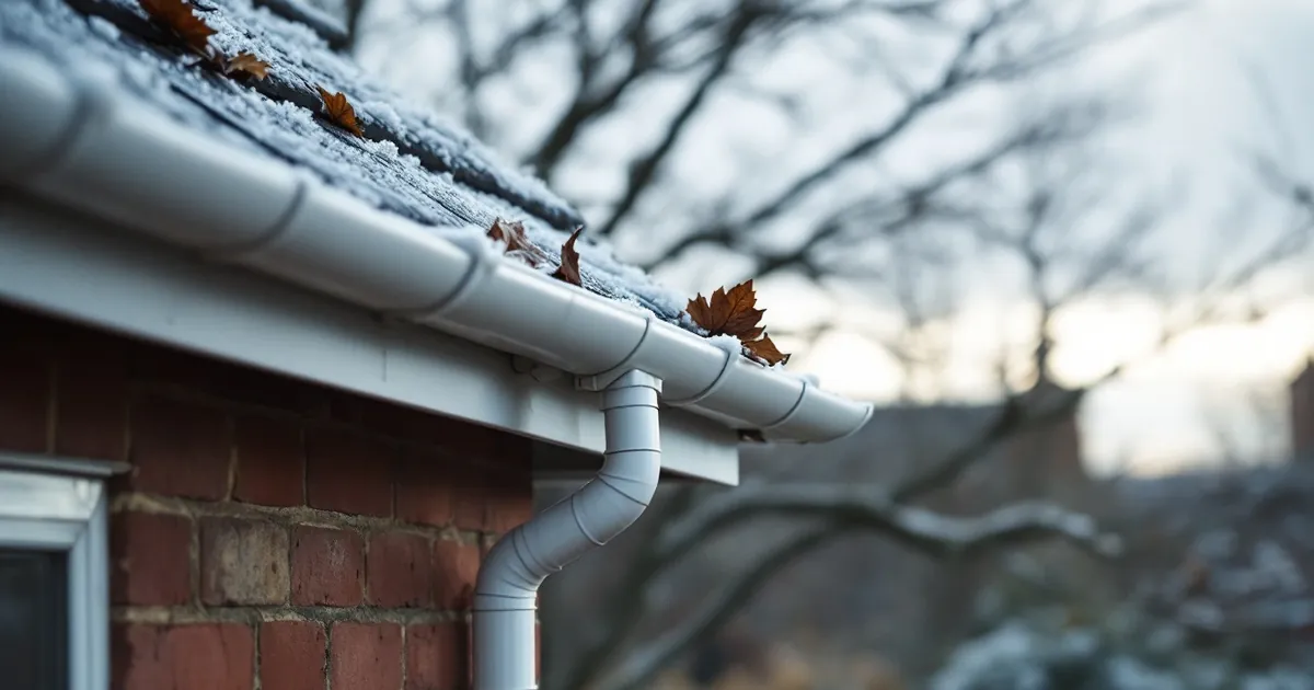 Frost on a slate roof edge above a white gutter and downpipe on a brick house, with a few dead leaves caught in the gutter