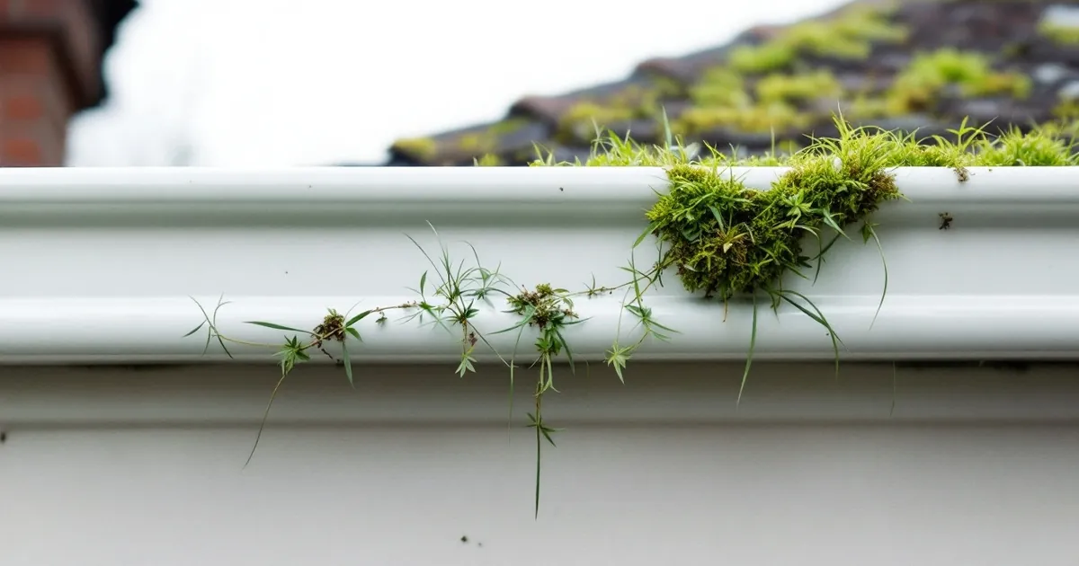 Weeds and moss growing out of a white gutter above a white fascia board
