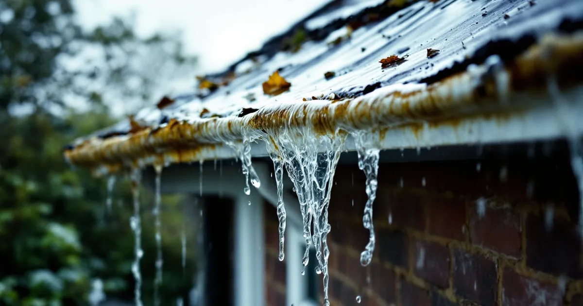 Rainwater overflowing a blocked, rust-stained gutter and streaming down the brickwork below it